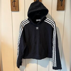 Adidas Black + White Stripes Cropped Hoodie